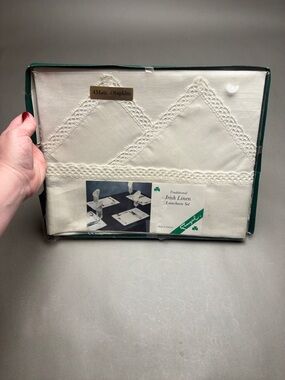 Vintage NIB Irish Linen Luncheon Set - Ivory Crochet Trim (4 Mats, 4 Napkins)